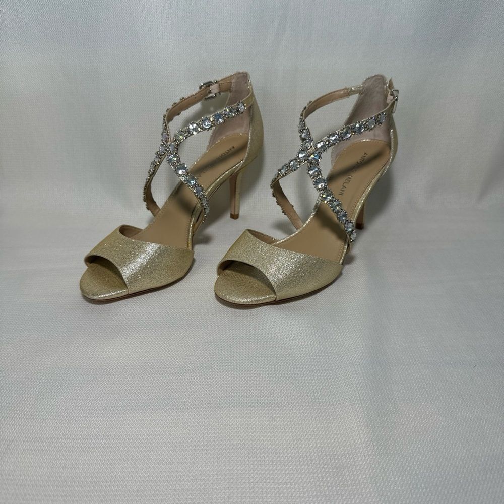 ANTONIO MELANI Gold Glitter Open-Toe Heels with Crystal Straps